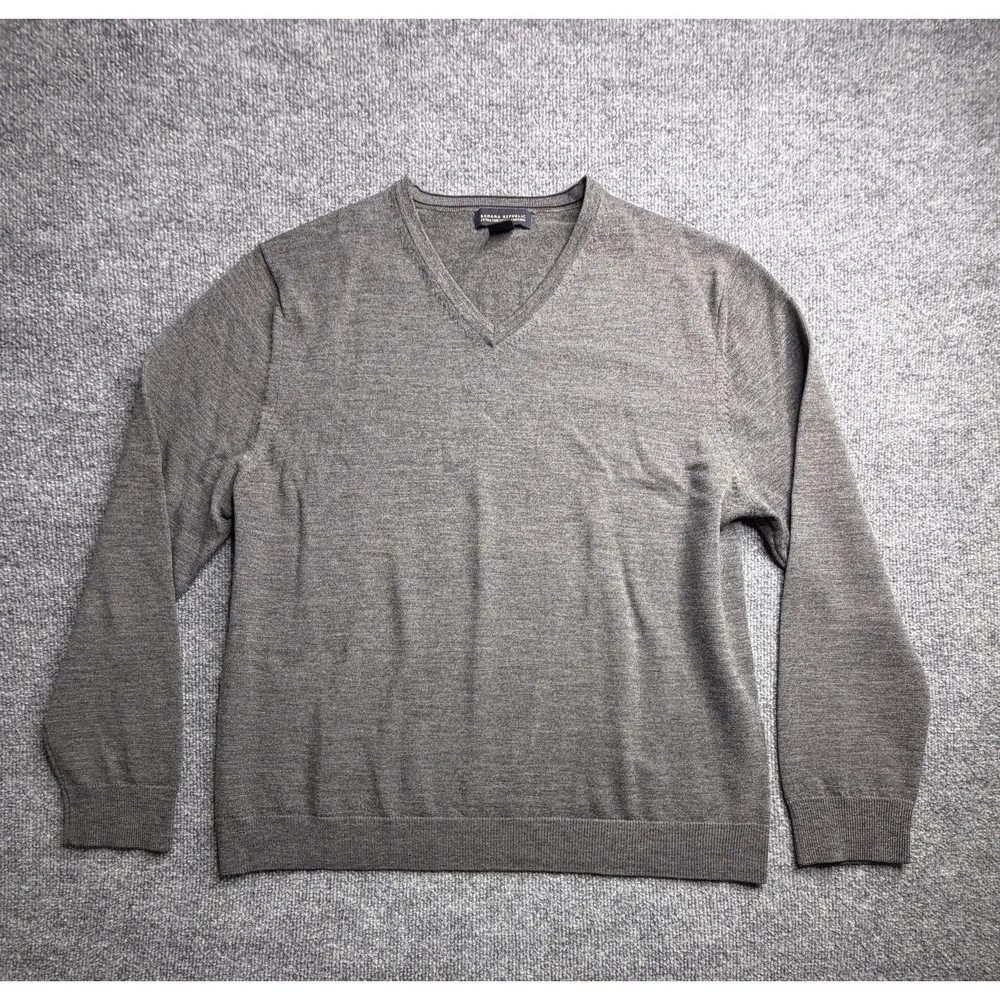 Banana Republic Sweater Mens XL Merino Wool Pullover V-Neck Gray Pull Over